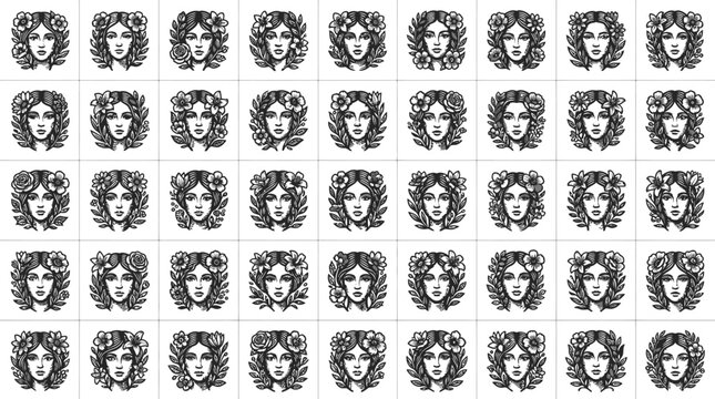 Set of hand drawn illustrations featuring female faces with floral hair decorations.