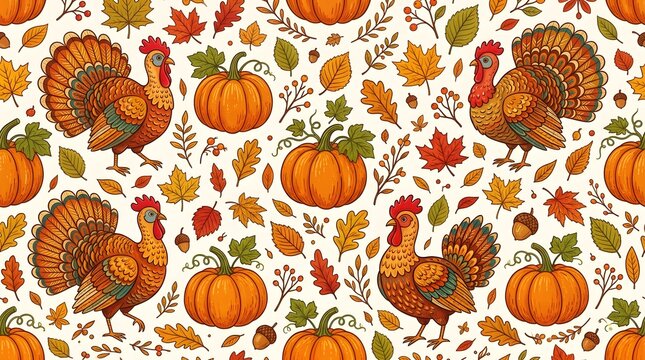 Seamless pattern with thanksgiving turkeys, pumpkins, and autumn leaves