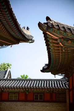 Two curved painted palace eaves against a blue sky