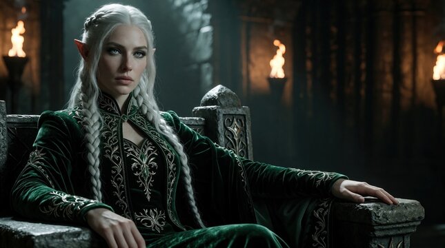 Elegant elf woman with long braids sits on stone throne in dark castle. She wears luxurious green velvet gown adorned with silver embroidery and holds hand on armrest. Torches burn in background.
