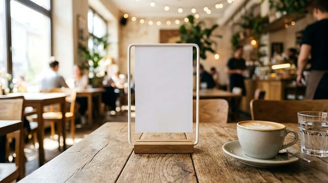 Blank table tent mockup on wooden cafe table, white menu card holder in coffee shop, restaurant interior with bokeh background