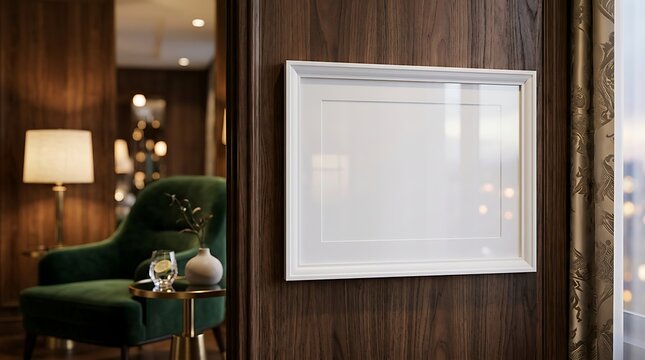 Elegant white picture frame mockup on dark wood wall. Luxury interior with green velvet chair and lamp. Blank horizontal poster frame in boutique hotel lobby.