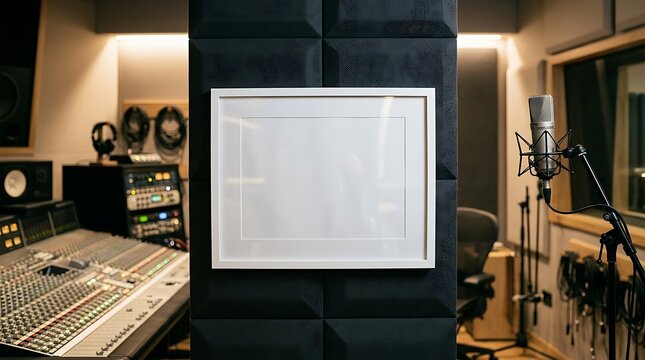 Blank white picture frame mockup in professional music recording studio, empty poster frame on acoustic foam wall, modern sound engineering workspace
