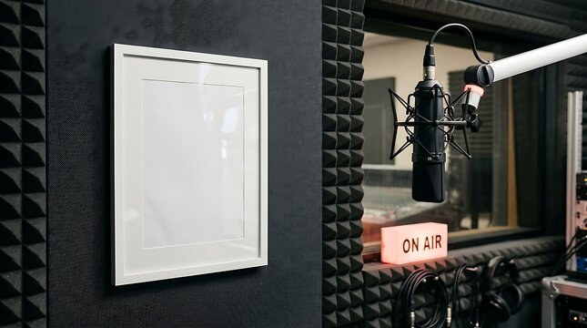 Blank picture frame mockup in podcast studio, professional radio station interior with microphone and on air sign, empty poster frame on acoustic foam wall