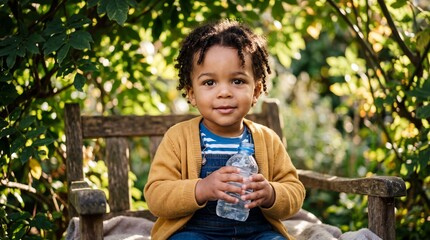 Fototapeta premium African American Toddler Boy Recycling Plastic Bottle Outdoors
