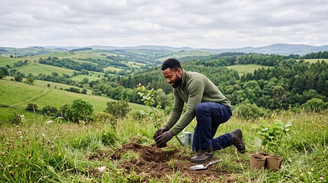 Young African American Professional Man Planting Tree Sapling