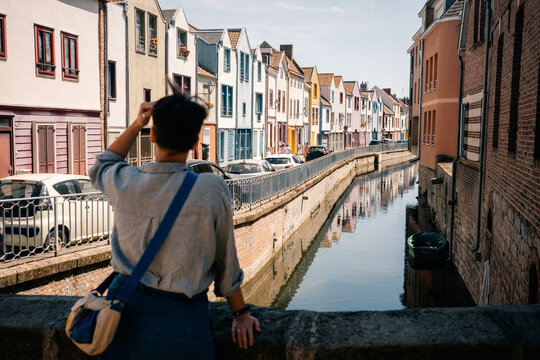 View of Colorful Houses by the Canal in a European Town