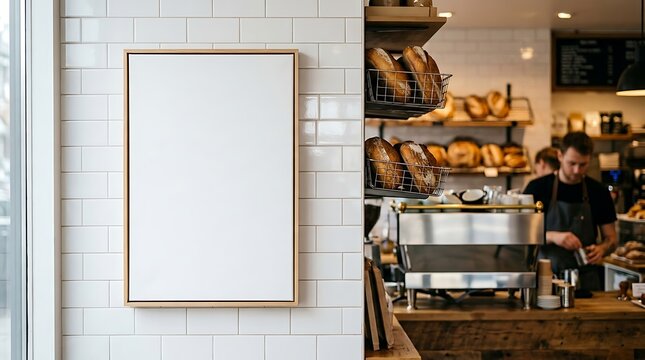 Minimalist vertical poster mockup on white tile wall, blank frame in modern bakery cafe interior, wooden signage template