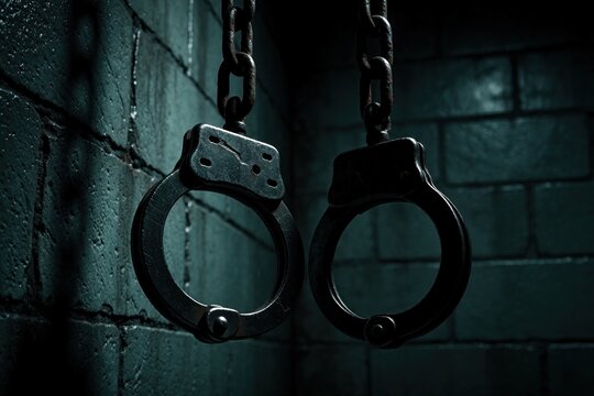 Metal handcuffs hang from rusty chains in dark prison cell. Dim green light hits brick wall in gloomy jail. Close up of steel cuffs crime, law, confinement, loss of freedom in abandoned dungeon