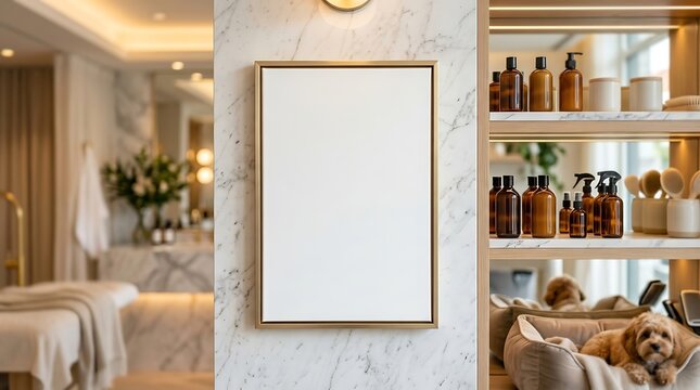 Modern vertical poster mockup on marble wall, luxury spa interior with skincare products, elegant salon frame display