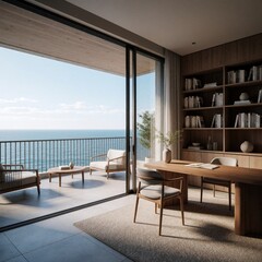 Naklejka premium Modern home office with balcony overlooking ocean. Wooden furniture, bookshelf filled with books, chairs and table set on terrace. Relaxing sea view for work or leisure.