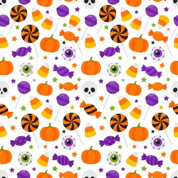 Seamless halloween pattern with pumpkins, candies, lollipops, and eyeballs isolated on white background