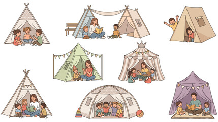 Kids playing in colorful tents set with happy children and camping lifestyle. © SADIKUR