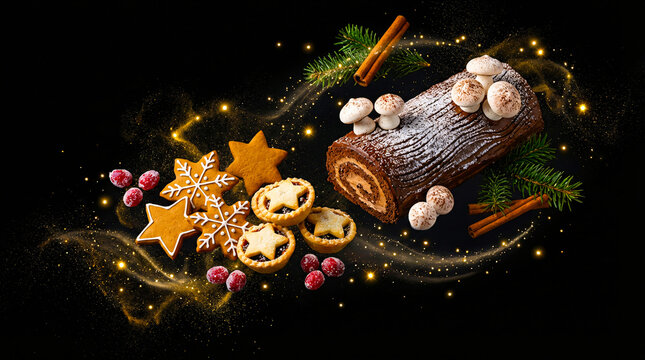 Christmas Yule Log Cake with Cookies and Mince Pies on Dark Background