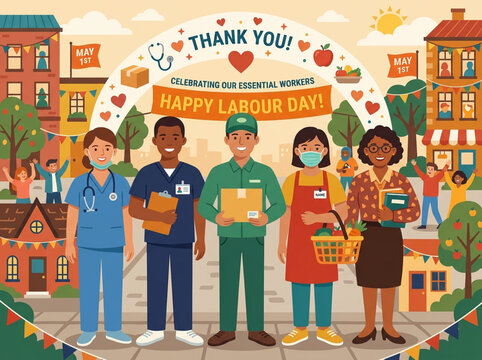 Happy labour day celebrating essential workers in a friendly neighborhood setting.