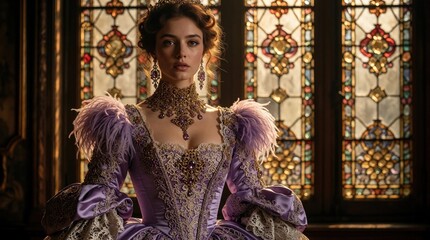 Naklejka premium Elegant woman wears ornate purple gown, luxury jewelry. Model poses in vintage room near stained glass window. Royal lady with lace dress, gold necklace, headband looks at camera. Classic fantasy