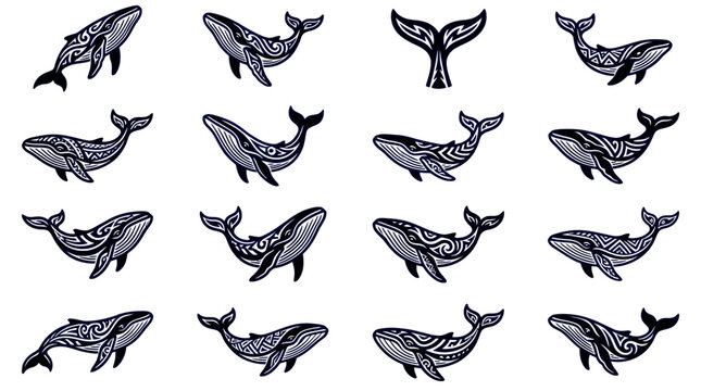 Tribal pattern whale illustrations for ocean conservation themes.