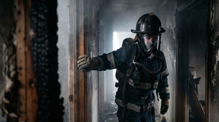 Fototapeta premium Firefighter Navigates Dark Smoky Hallway of Burnt Building Aftermath