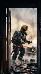 Fototapeta premium Brave Firefighter Battles Blaze in Charred Interior Doorway