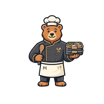 Cute pixel art bear chef wearing uniform and hat holding a tray of food for cooking design