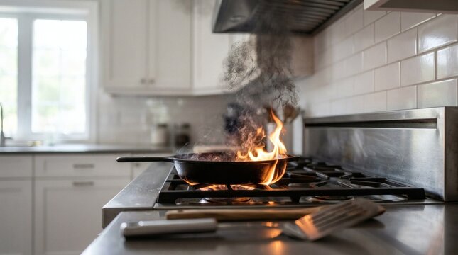 Kitchen Fire Accident: Flames and Smoke from Burning Pan on Stove