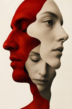 Layered faces merge and disconnect in a surreal representation of inner conflict and emotional fragmentation, using a stark contrast of red and muted tones.