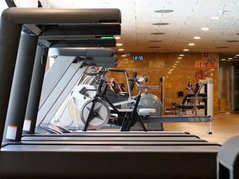 Row of Modern Treadmills and Stationary Exercise Bikes in Clean Bright Fitness Gym, Cardio Equipment Side View, Empty Health Club Interior