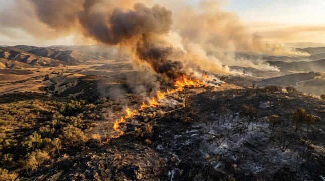 Aerial View of Destructive Wildfire Engulfing Dry Hills with Heavy Smoke Plume