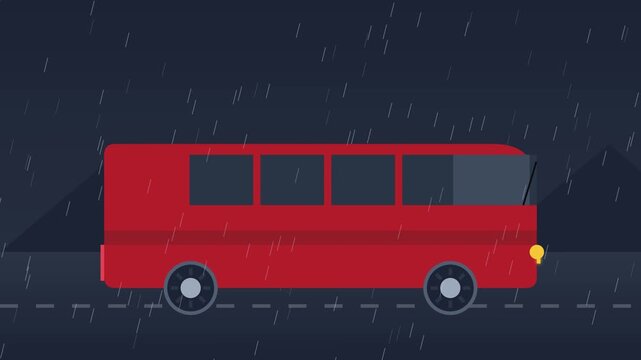 Red Bus Driving on Road During Heavy Rain at Night, Flat Illustration Animation, 4K 60fps 16:9 Aspect
