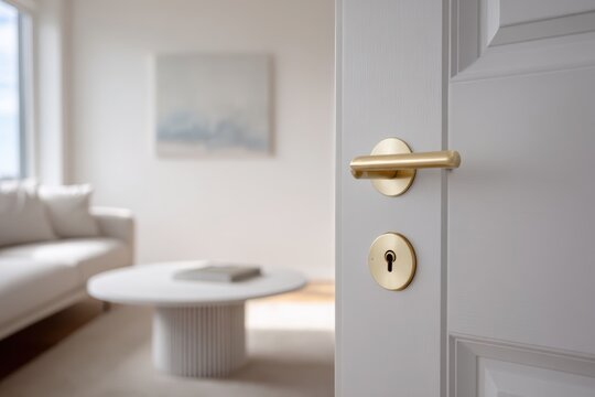 White wood panel door open with brass gold handle. Metal doors knob lock keyhole. Doorknob and latch of brass. Wooden veneer Door half opening living room interior view. Modern trends of home design.
