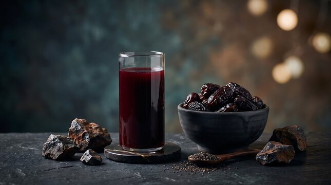 Dark moody food photography of healthy date juice and sweet dried dates in bowl with bokeh lights