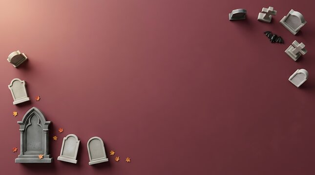Top view of miniature gravestones arranged as a frame on a dark red background with copy space for halloween holiday themes