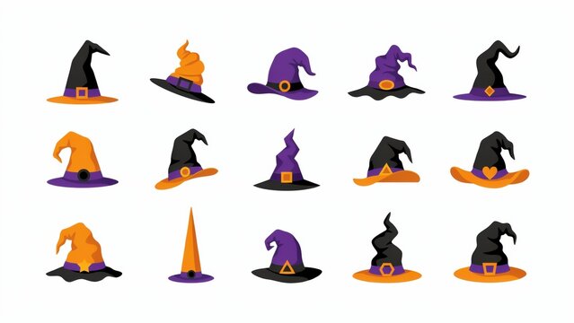 A collection of colorful Halloween witch hat vector illustrations on white background