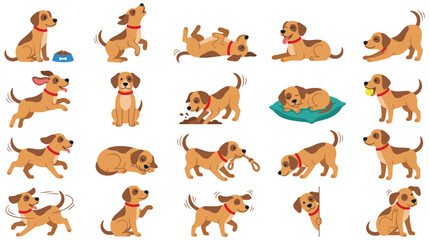 Obraz premium Playful brown dog poses actions and emotions flat vector illustration set.