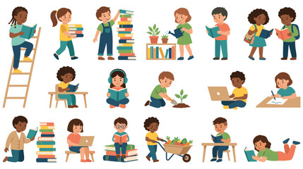 Fototapeta premium Cute school children reading books gardening and using laptops flat vector.