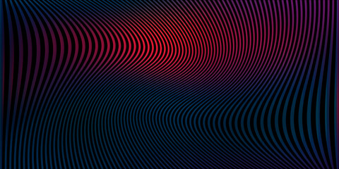 Fototapeta premium Bright red neon wave pattern on black background with light effects.