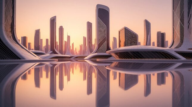 Futuristic cityscape at sunset. Sleek towers with modern architecture reflect on calm water. Advanced urban design shows innovation and sustainability.