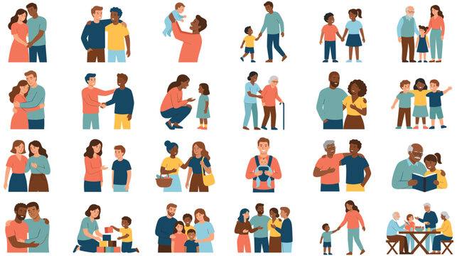 Diverse family couples friends and generations flat vector illustration set.