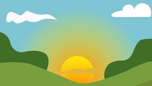 Flat vector illustration of sunset over green rolling hills with clouds