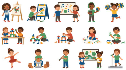 Fototapeta premium Happy children engaged in artistic and educational activities vector set illustration.