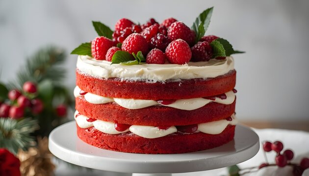 Red and white Christmas cake with layered vanilla sponge and creamy frosting, decorated with strawberries, raspberries, red berries and green foliage, clean festive background, professional studio foo