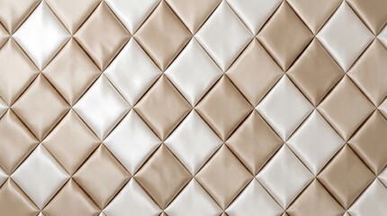 Obraz premium Leather texture diamonds background, beige and white tufted cushion surface, quilted upholstery pattern, embossed soft material design, interior decor wall texture