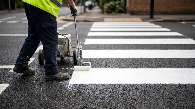 Worker Repainting Pedestrian Crossing Road Markings