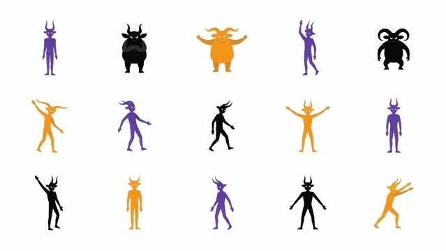 Set of silhouettes of funny little devils and demons in various poses for Halloween