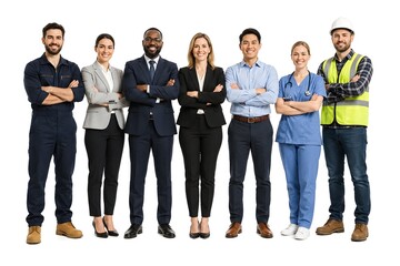 Obraz premium A diverse group of professionals from various industries stand together, showcasing unity and strength. From left to right, they include a mechanic, a lawyer, a businessman, a CEO, an IT specialist.
