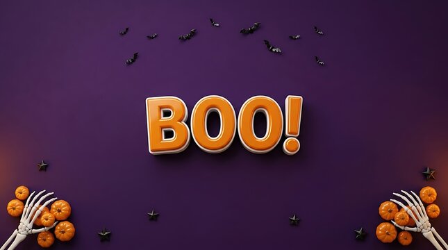 A festive halloween background featuring the word boo in gold foil balloons surrounded by skeleton hands and small pumpkins on purple surface