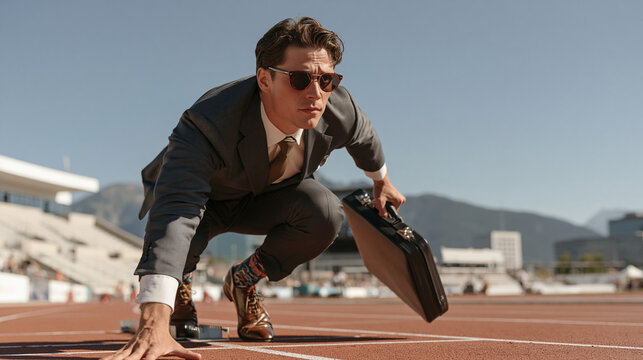 Homme d'affaires en position de d&eacute;part sur une piste d'athl&eacute;tisme avec une mallette