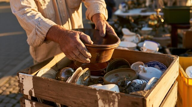 un vendeur tient un bol en c&eacute;ramique ancien au march&eacute; aux puces en plein air