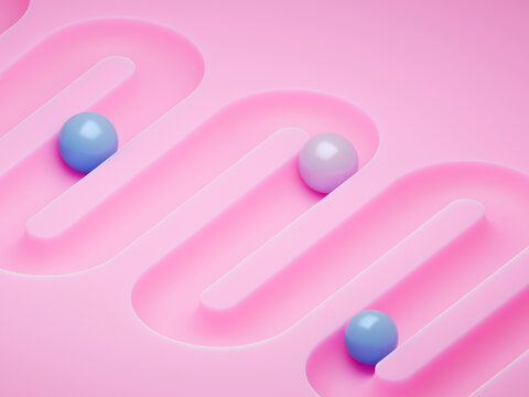 Three Balls Moving in a Pink Maze on a Flat Surface