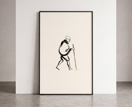 Modern minimalist artwork of Mahatma Gandhi with a black brushstroke